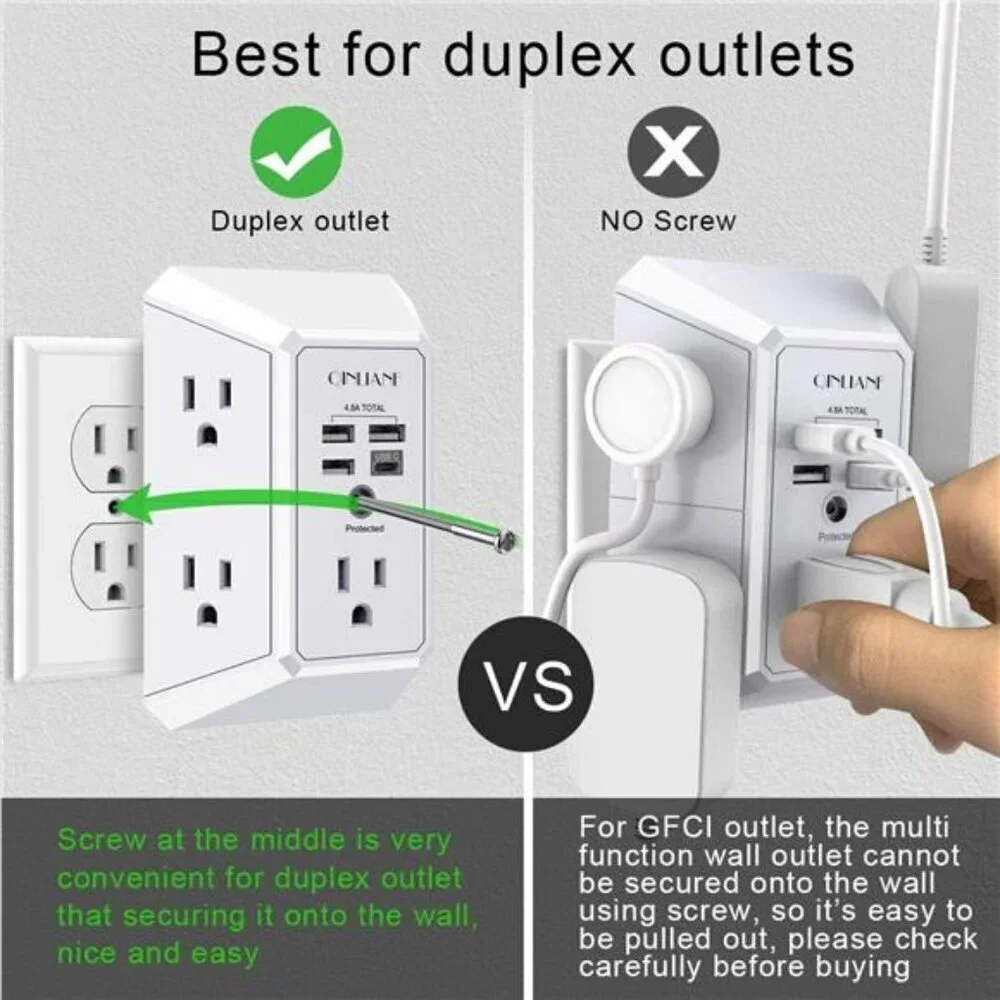 Wall Charger Surge Protector 5 Outlet Extender with 4 USB Charging Ports 3-Sided